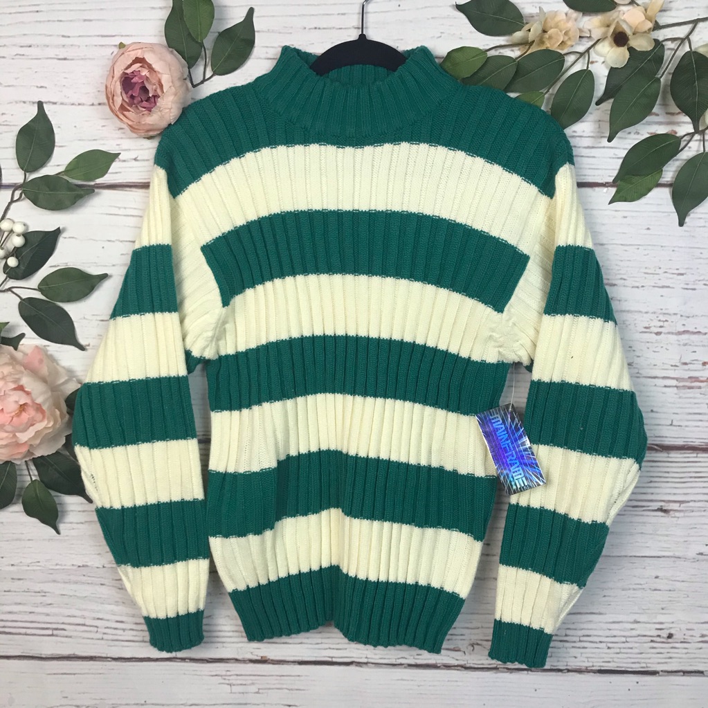 Vtg Sears Medium Mainframe Green Cream Crew Neck Sweater Stripe Ribbed